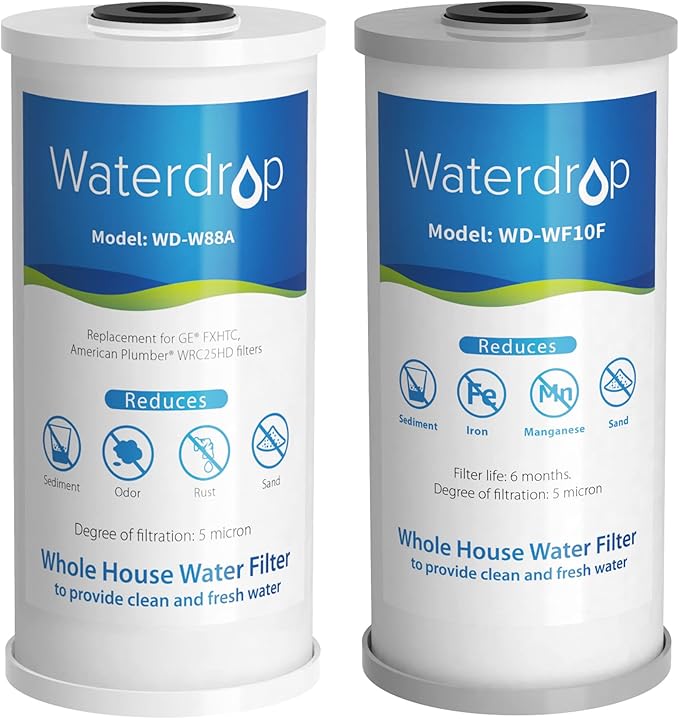 Waterdrop Whole House Water Filter, Carbon Filter, Reduce Iron & Manganese Filter Cartridge, Replacement for GE GXWH40L, FXHTC, Ispring, Culligan® RFC-BBSA, Whirlpool®, Any 10" x 4.5" System, 5 Micron