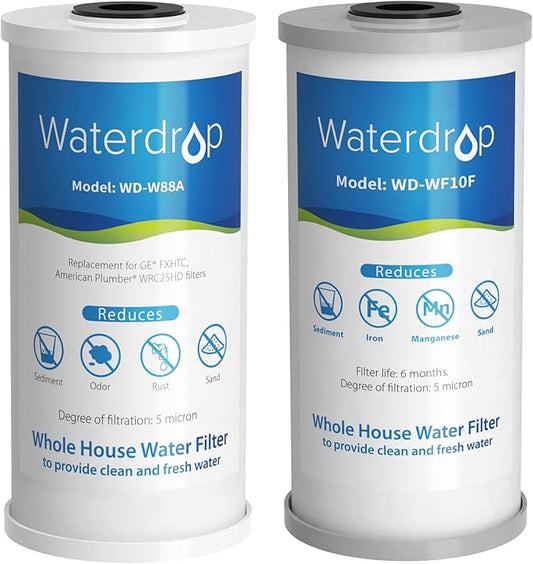 Waterdrop Whole House Water Filter, Carbon Filter, Reduce Iron & Manganese Filter Cartridge, Replacement for GE GXWH40L, FXHTC, Ispring, Culligan® RFC-BBSA, Whirlpool®, Any 10" x 4.5" System, 5 Micron