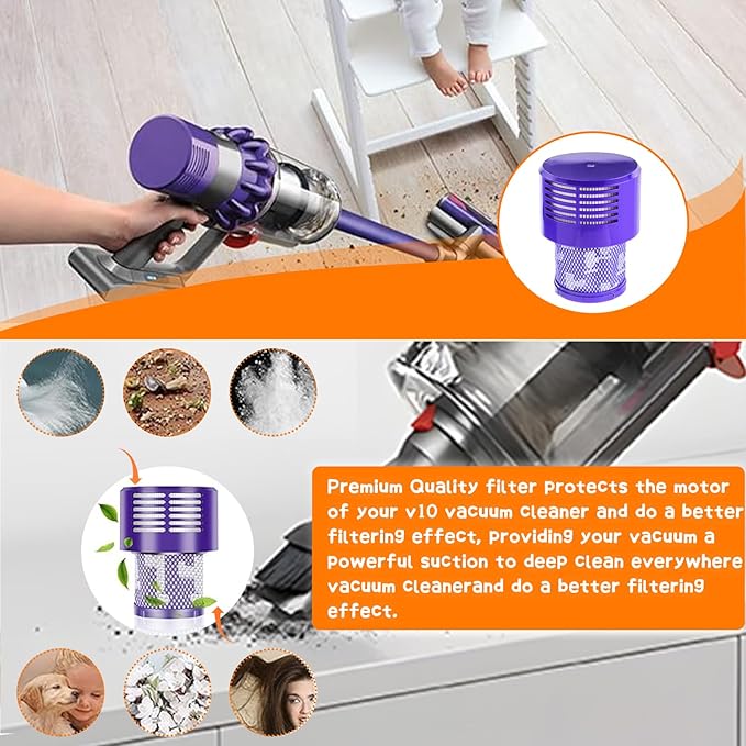2 Pack V10 Filters Replacement for Dyson V10 Cyclone Series, V10 Absolute, V10 Animal, V10 Total Clean, SV12, Replace Part No. 969082-01,2 Pack Filters and 1 Clean Brush