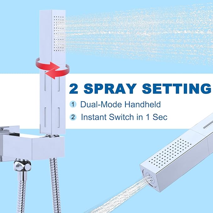 2 Settings Handheld Sprayer High-Pressure Shower Head with 59inch Flexible Hose, Square 2 in1 Model Solid Brass Adjustable Shower Wand Replacement Kit, Polished Chrome