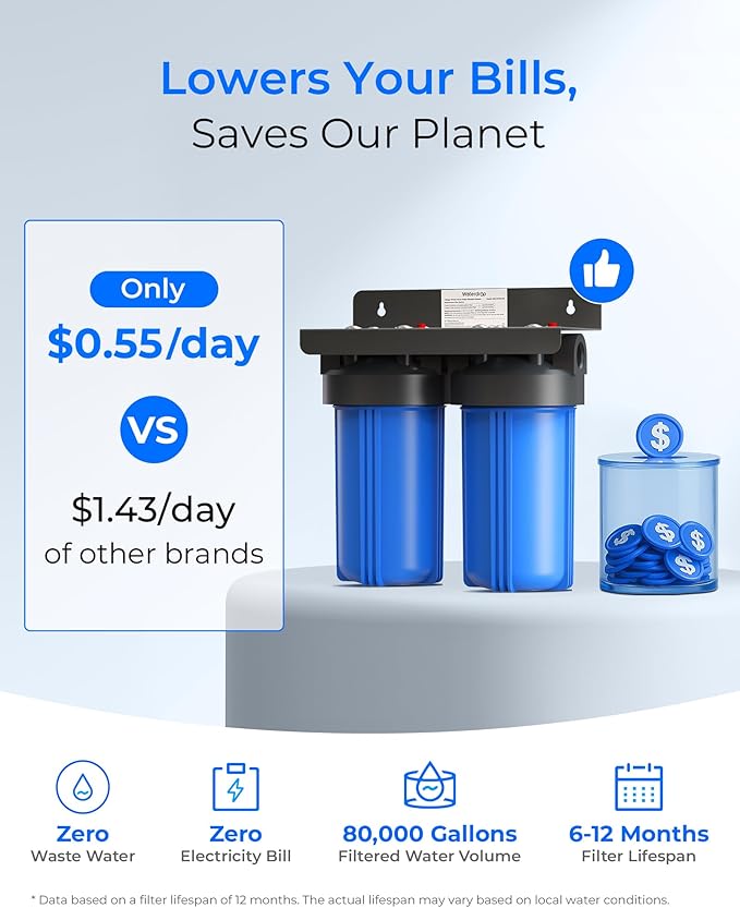 Waterdrop 2 Stage Whole House Water Filter System, with Heavy Metal and Anti-Scale Sediment Filter, Highly Reduce Iron, Scale, Lead, Chlorine, Taste, 5-Stage Filtration, WD-WHF21-SH, 1" Inlet/Outlet