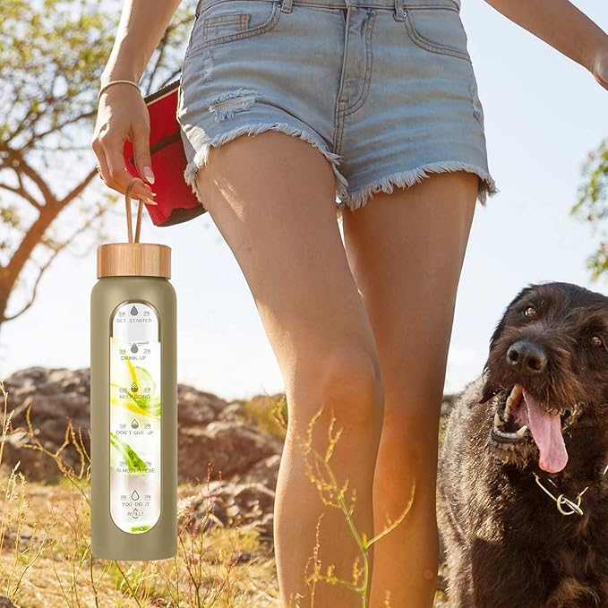 Aqulea Glass Water Bottles 32 Oz with Silicone Sleeve - BPA Free Reusable Wide Mouth Glass Motivational Water Bottles with Fruit Infuser – Leak Proof Borosilicate Water Bottle with Time Marker (Champ)