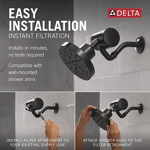 Delta Faucet 5-Setting H2Okinetic Shower Head Matte Black with Clarifi Premium Shower Filter Attachment with Filter