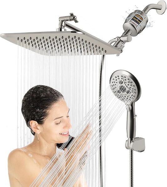 10'' Dual 20 Stage Filtered Shower Head with Handheld, 6 Spray Settings Handheld Shower Head High Pressure Rainfall Filter Combo with 12'' Adjustable Extension Arm, 71'' Shower Hose (Brushed Nickel)