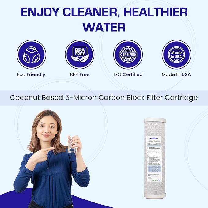 Crystal Quest 5-Micron Carbon Block Filter Cartridge - 2-7/8" x 9-3/4" - Coconut-Based Activated Carbon - Reduces Sediment and VOC’s - Sustainable Filtration