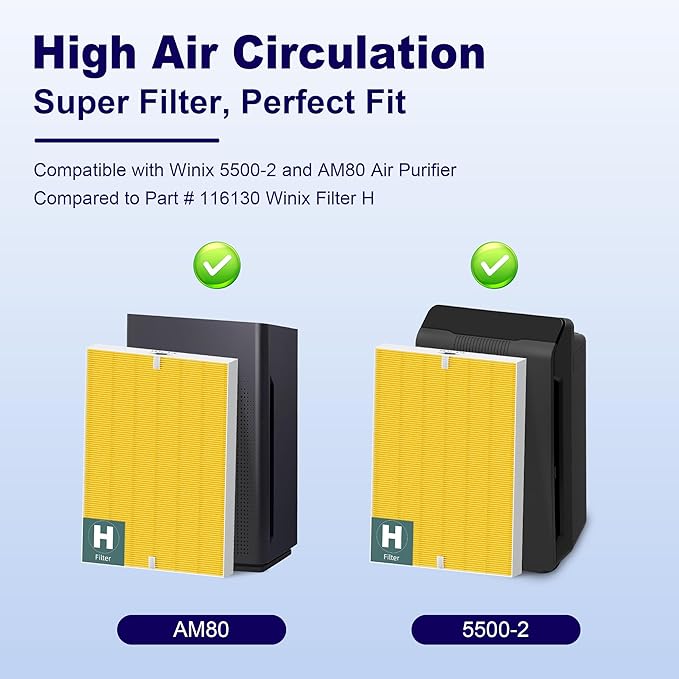 116130 Pet Care Filter Replacement Filter H for Winix 5500-2 AM80 Plasmawave Air Purifier, True HEPA Filter and Activated Carbon Filter Combo Pack, 2 Set
