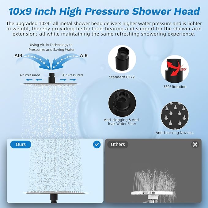 Hibbent Dual Filter All Metal 10"Rainfall Showerhead Combo, High Pressure Filter Shower Head with 10-Spray Mode Handheld, Innovative 4-way Diverter with Pause Mode, 71'' Shower Hose and Holder, Black