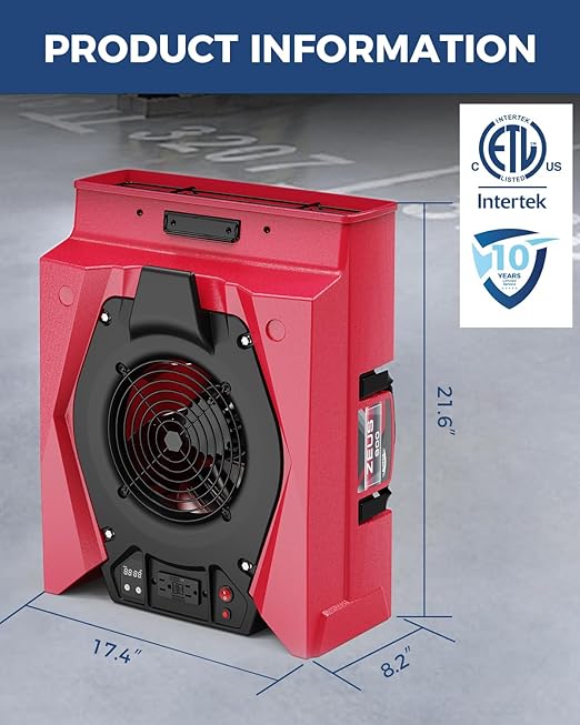 ALORAIR Zeus 900 Air Mover Commercial Blower for Carpets, Walls, Plumbing Use, Variable Speed Floor Blower Fan, 950 CFM with 1.8 Amps, Circuit Breaker Protection,on-Board Duplex GFCI, Red