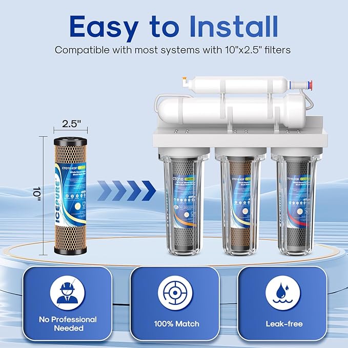 ICEPURE 3-Stage 2.5" x 10" Whole House CTO Activated Carbon Water Filter Set, Activated Carbon Block, KDF Cartridge and Upgraded Activated Carbon Heavy Metal Remove Filter Replacement Kit, Pack of 1
