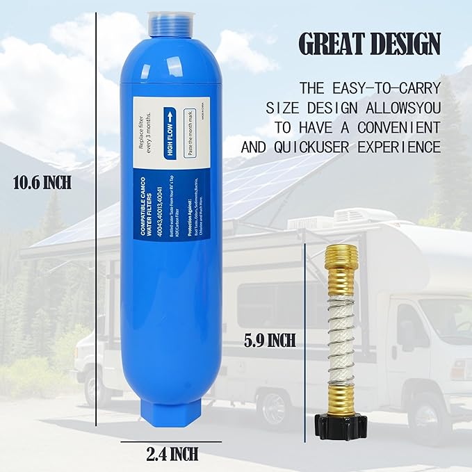 2 Pack RV Inline Water Filter with 2 Flexible Hose Protector, Reduce Bad Taste, Odors, Rust, Chlorine, Fluoride and Sediment in Drinking Water, Dedicated for RVs Campers Marines