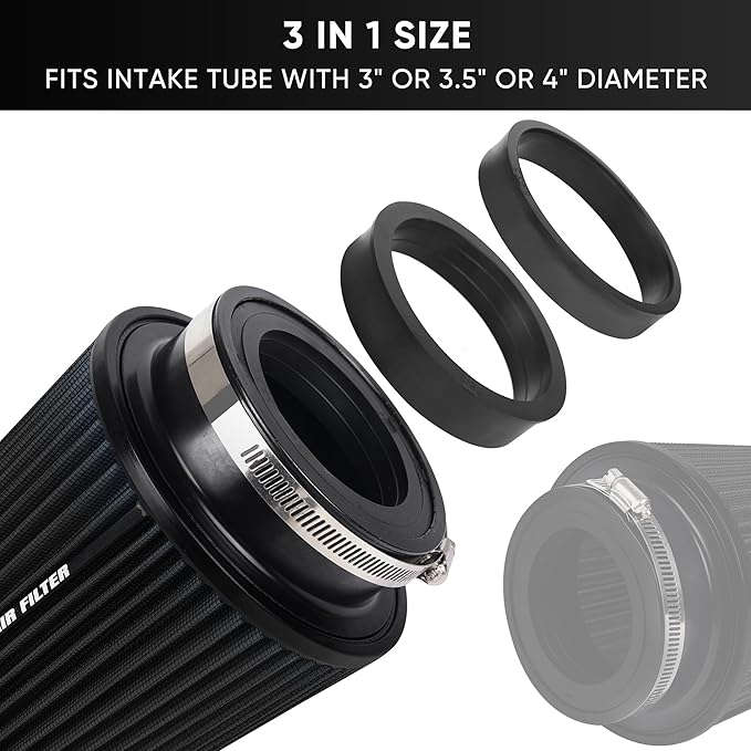 4 Inches Cold Air Intake Filter 3" or 3.5" or 4" High Performance Washable Clamp-On Replacement Cone Air Filter 3 in 1 Size Black