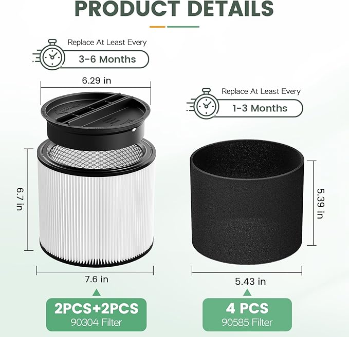 90304 Replacement Filter Kit Compatible with Shop Vac Cartridge Filter 90350 90304 90333 90585, Fits Most 5 Gallon and above Wet Dry Vacuum Cleaner (2+2+4+1)