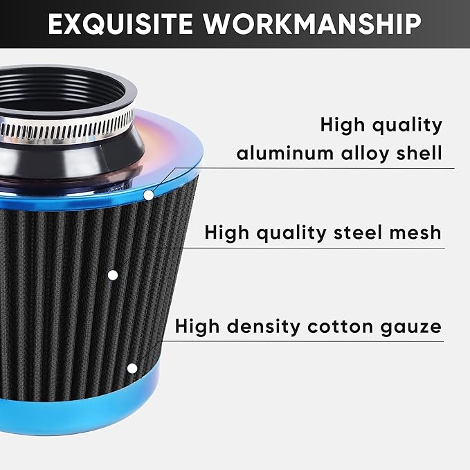 Universal Cold Air Intake Filter Clamp-On Replacement Air Filter Flange Diameter 3 inches/76mm High Performance Washable Filter Black