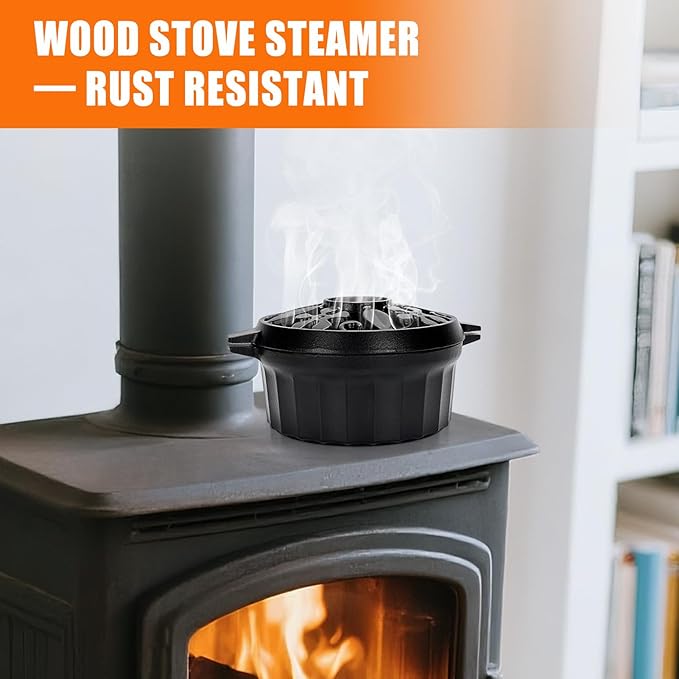 G GOOD GAIN Wood Stove Steamer - Cast Iron Round Bowl Fire Place Stove Humidifier Pot with Large Opening Top for Home Heating Decorative | Matte Finish & 2.7 Quart, Black