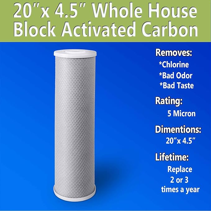 High Capacity Coconut Shell Carbon Block Water Filter 5 Micron Cartridge 4.5" x 20" for Universal Whole House System WELL-MATCHED with CB-45-2005, FC25B, FLTWH2045C02 and PRL-RCL (2 Pack)