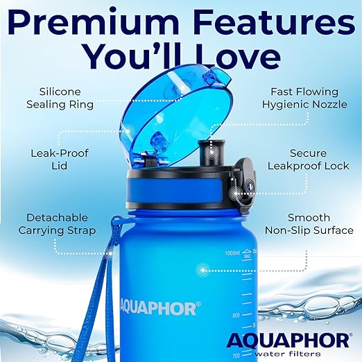 Nakii Filtered Water Bottle, Leakproof, BPA-Free, Motivational Markings, Travel, Everyday Use. 40-Gallon Filter, Replaces 300 Plastic Water Bottles. Includes 1 Filter, 34 FL Oz, Blue by Aquaphor