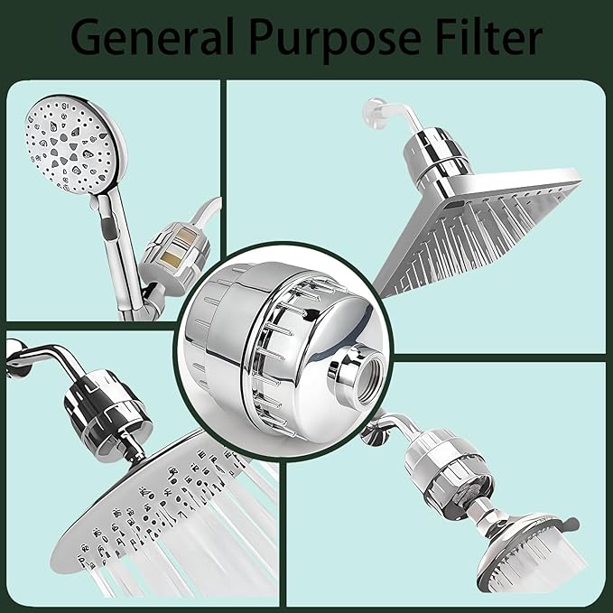 20-Stage Showerhead Filter for Hard Water Heavy Metals and Sediments， Reduces Dry Skin, Dandruff and Eczema - Improves Skin, Hair and Nails - High Output Filtered Shower Head, Consistent Flow