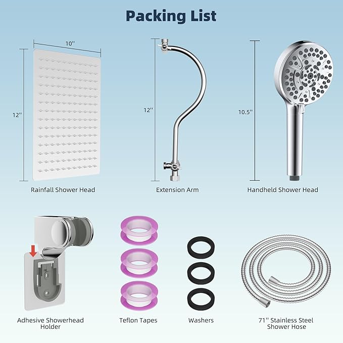 Hibbent 12'' All Metal Shower Head, High Pressure Rainfall Shower Head, Handheld Showerhead Combo, 12'' Adjustable Curved Shower Extension Arm, 10-Spray, 71'' Hose, Adhesive Showerhead Holder, Chrome