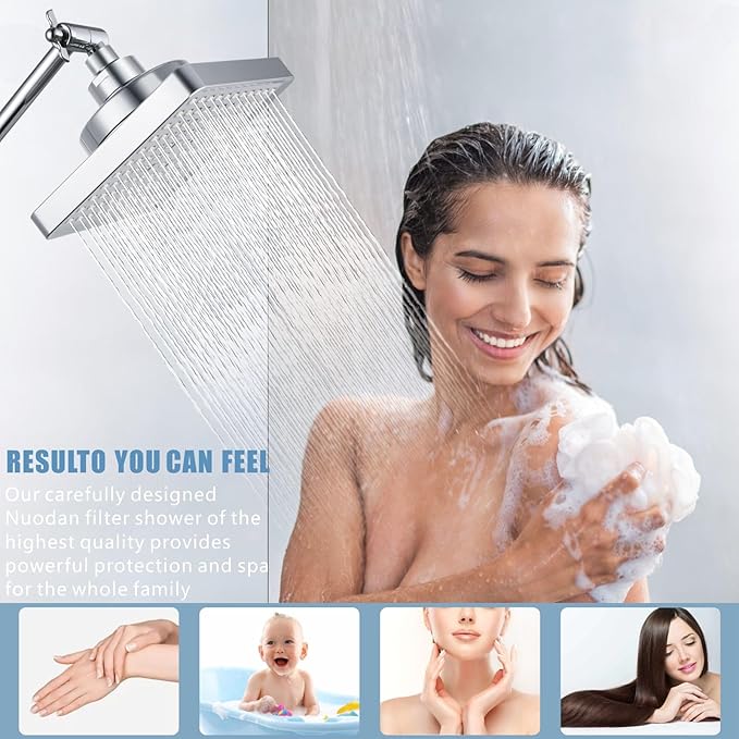 High Pressure Rain Shower Head with Filtered - 6" Square Showerhead Filter for Remove Chlorine and Harmful Substances, Improve Hair and Skin Problems, Chrome