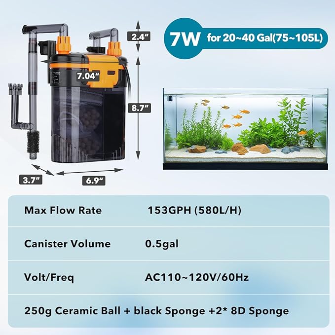 hygger External Hang-On-Back Canister Aquarium Filter,Quiet Fish Tank Filter with 3-Stage Filtration,Anti-Dry Burn Motor,Adjustable Flow,Oil Skimmer,Duckbill Nozzle,Shower Spray Bar (7W,20-40 gal)