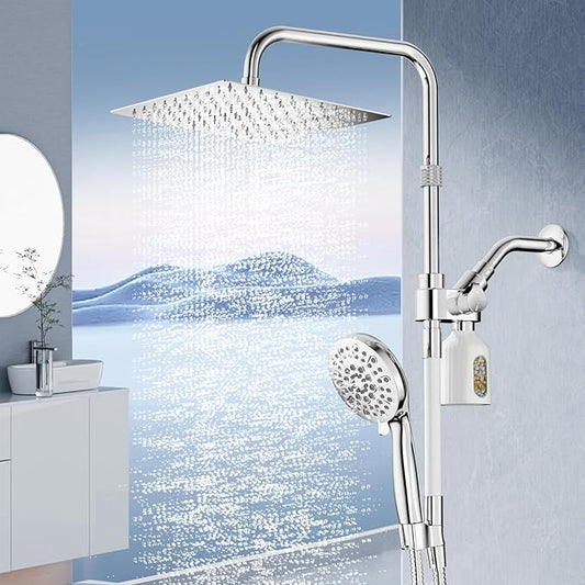 10" Filtered Rain Shower Head with Handheld Spray Combo, High Pressure Shower Head and Handle Set with Filter, Dual Shower Head with Extra Long Hose and Adjustable Extension Arm (Chrome)