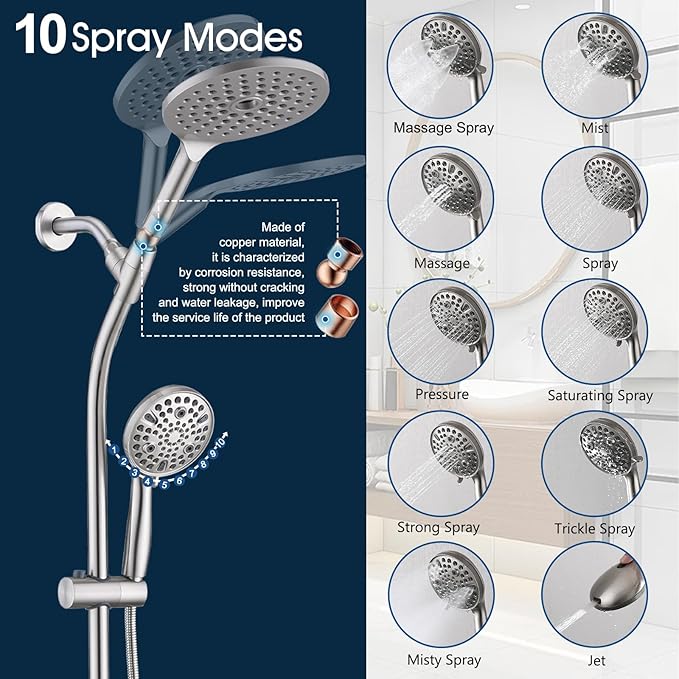 High Pressure Shower Head with Handheld Shower, 26" Adjustable Height Drill-Free Slide Bar, 3-Way Diverter for Easy Reach, Dual Shower Head Combo Set with 5ft Hose - Brushed Nickel