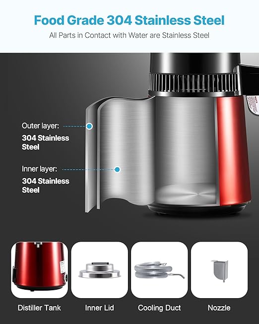 VEVOR Water Distiller, 4L 1.1 Gallon Pure Water Purifier Filter for Home Table Countertop, 1750W Distilled Maker with Glass Pot, Stainless Steel Interior Drinking Machine to Make Clean Waters, Red