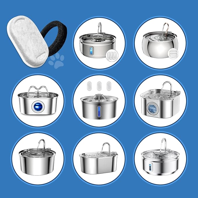 10 Pack Cat Water Fountain Filters for 108oz/3.2L & 67oz/2L Stainless Steel, Cat Fountain Filter Replacement(10 Filters & 10Sponges)