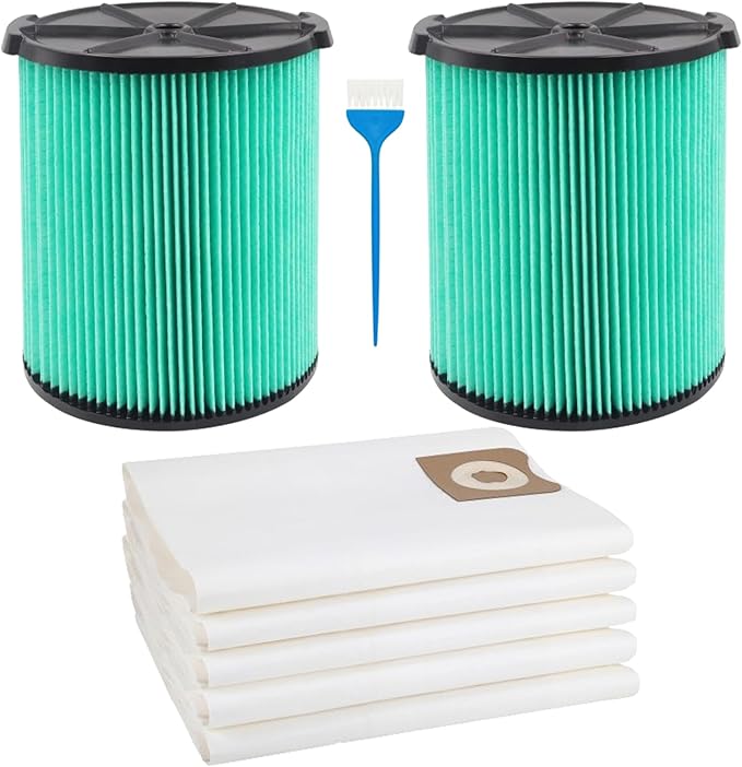 VF6000 Filter Replacement for Rigid Shop Vac Filter 5-20 Gallon, 5-LAYER HEPA Cartridge 97457 + VF3502 Vacuum Bags 23743 2-LAYER High Efficiency for RIDGID 12-16 Gal Wet/Dry Vacuums (2FILTER + 5BAGS)