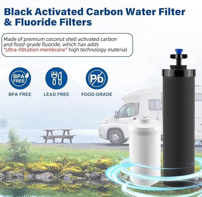 Black Activated Carbon Water Filter Elements & Fluoride Filters for Gravity Water Filtration System with UF-membrane Certified Water Filter Replacement, Pack of 4