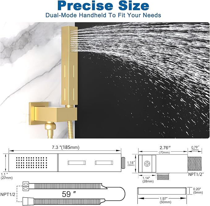 2 Settings Models Handheld Shower Head Sprayer High-Pressure with 59" Long Flexible Hose, Square 2 in1 Solid Brass Adjustable Shower Wand Replacement Kit, Brushed Gold