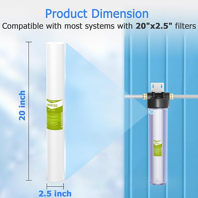 5 Micron Whole House Water Filter Cartridge, Sediment Filters for Well Water, Universal Replacement for Any 20 inch Silm Housings - 20" x 2.5" Cartridges - Pack of 6