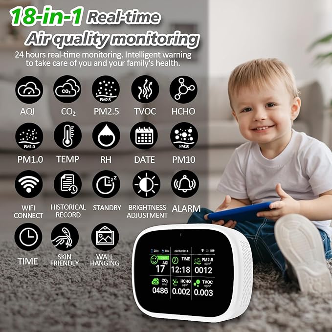 18-in-1 Smart Air Quality Monitor - Indoor WiFi Air Quality Detector with Dual Chip, Real-Time for AQI, CO2, PM2.5, PM1.0, PM10, TVOC, HCHO, Time Display, Temperature & Humidity with Aler (White-B2)