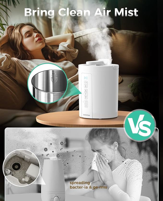 Healthy Warm Mist Humidifiers for Bedroom, 100oz Stainless Steel Humidifier Easy Clean, Steam Humidifier for Living Room, Whisper-Quiet and Filterless, with Sleep Mode and Timer, Auto-off Setting