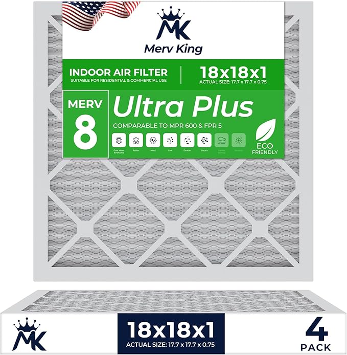 MervKing 18x18x1 Air Filter Actual Size: 17.7" x 17.7" x 0.75" MERV 8 MPR 600-700 | MADE IN USA | 4-Pack | Pleated HVAC AC Furnace Replacement