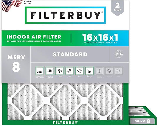 Filterbuy 16x16x1 Air Filter MERV 8 (MPR 700) Dust Defense Replacement (2-Pack), Electrostatic Pleated HVAC AC Furnace Filters, Made in USA (Actual Size: 15.75 x 15.75 x 0.75)