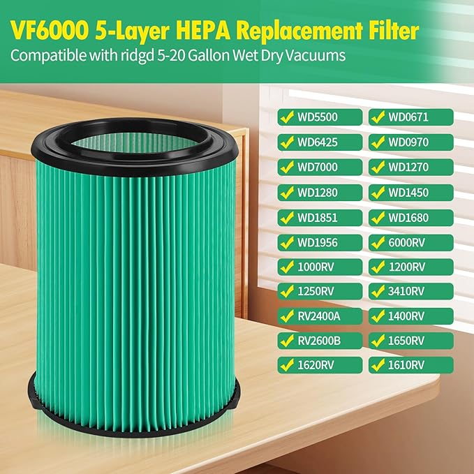 2-Pack VF6000 Filter Compatible with Ridgid Shop Vac,Compatible with Ridgid 5-20 Gallon Wet/Dry Vacuums,5-Layer Pleated Paper Vacuum Filter Replacement