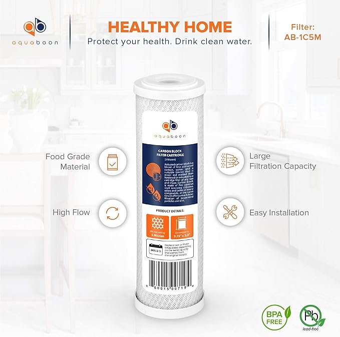 Aquaboon 5 Micron 10 x 2.5 Carbon Block Water Filter Cartridge CTO Whole House Water Filter Replacement Compatible with WHKF-WHWC, FXWTC, 2-PACK