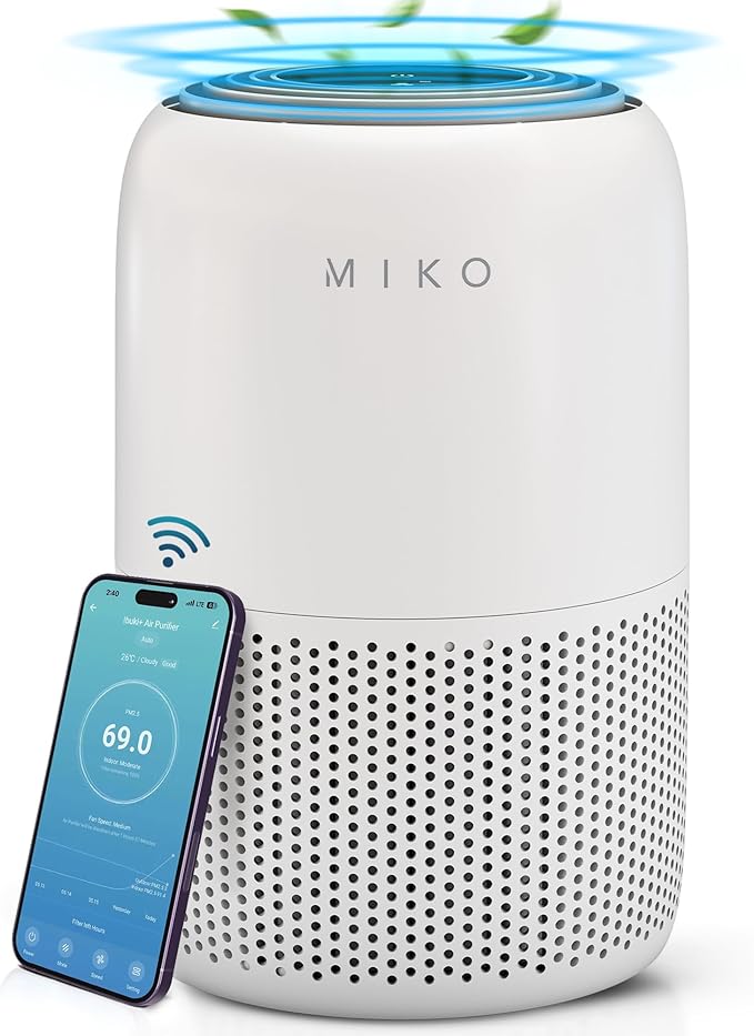MIKO Air Purifier for Bedroom with 3-in-1 HEPA Filter & Sleep Mode, Whisper Quiet, Covers Up to 1200 ft, Smart Wi-Fi App Control - Removes Smoke, Allergens, Pets Hair, Dust, Odors, Pollutants