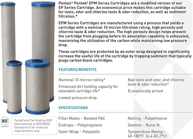 Pentair Pentek EPM-20BB Big Blue Carbon Water Filter, Whole House Modified Epsilon Carbon Block Filter Cartridge with Bonded Powered Activated Carbon (PAC) Filter, 20” x 4.5”, 10 Micron, Pack of 4