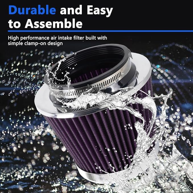 4-Inch Cold Air Intake Filter - Washable, High Performance, 3" or 3-1/2" or 4" Clamp-On Replacement Air Filter Purple
