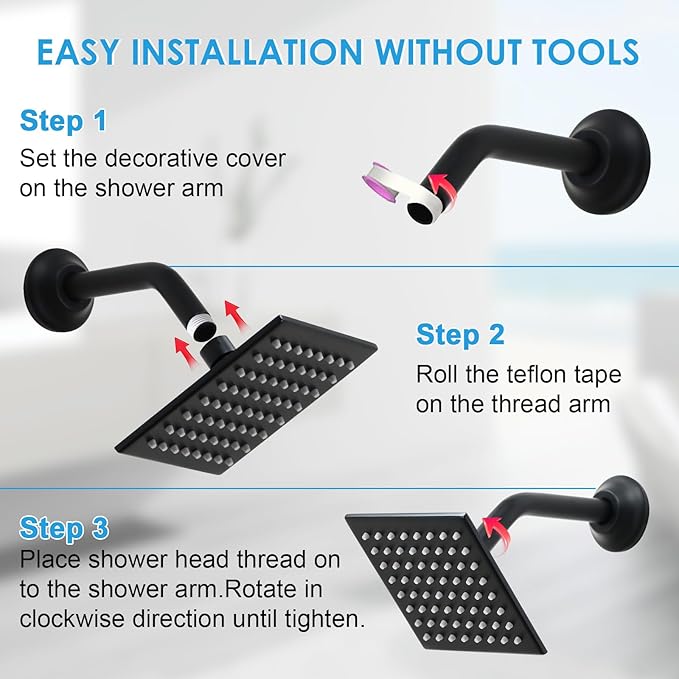 6 Inch Square Shower Head Black Stainless Steel High Pressure Rain Shower Heads with Extension Arm Adjustable Angle Replacement Shower Head for Modern Bathroom (Square, Black)