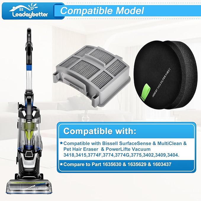 Leadaybetter Filter Replacement for Bissell SurfaceSense 3418 3415 MultiClean 3402 3774F 3409 3774 3774G 3775 3404 PowerLifte Upright Vacuum, Model 1635630 & 1635629