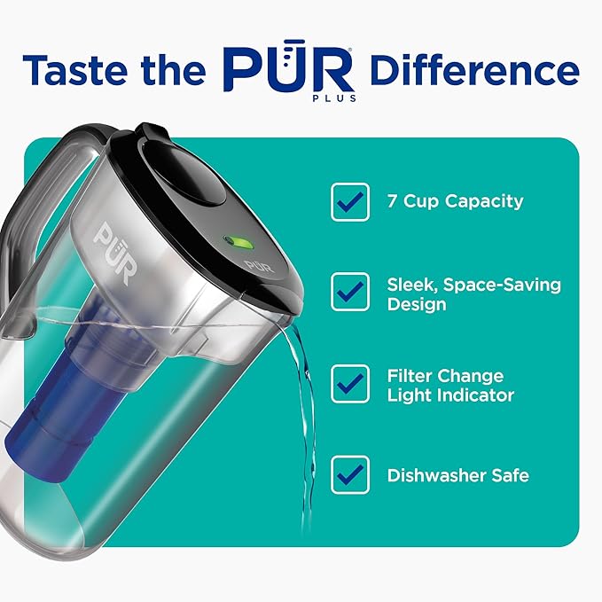 PUR Plus 7-Cup Water Pitcher, 1 Lead-Reducing Filter, Cleaner, Great-tasting Water, Dishwasher Safe, Powerful Filtration, Filter Change Light Indicator, LockFit Cap Design - Smoke