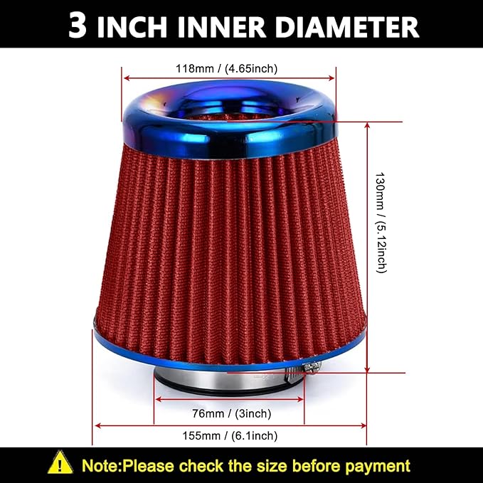 Cold Air Intake Filter, High Performance, Washable Filter, Clamp-On Replacement Air Filter, Flange Diameter 3inch/76mm Red
