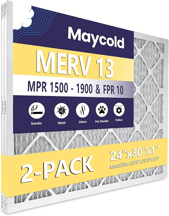 Maycold 24x30x1 MERV 13 Furnace Air Filter (2-Pack), High-Performance HVAC AC Filters for Home Use, Actual Size: 23.7" x 29.7" x 0.75", Individually Wrapped in Plastic
