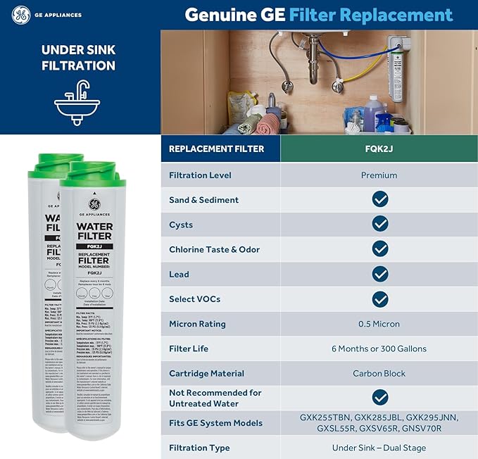 GE Under Sink Water Filter Replacement, Dual Flow, Reduces Sediment, Rust & Other Impurities from Water, Fits GXK255TBN Under Sink Filtration System, Replace Every 6 Months, FQK2J, 2 Filters