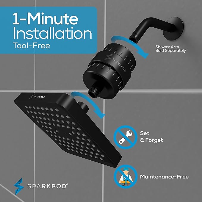 SparkPod Luxury Filtered Shower Head Set 23 Stage Shower Filter - Reduces Chlorine and Heavy Metals - High Pressure Showerhead Filter (6" Square, Midnight Black Matte)