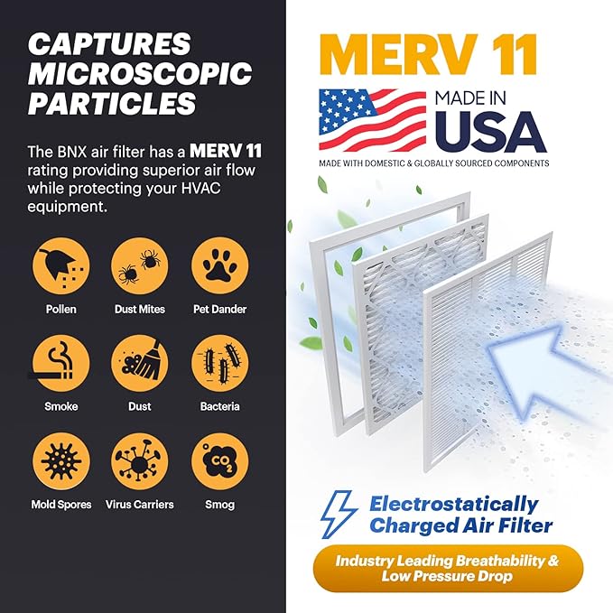 BNX 16x20x1 MERV 11 Air Filter 12 Pack - MADE IN USA - Electrostatic Pleated Air Conditioner HVAC AC Furnace Filters - Removes Dust, Mold, Pollen, Lint, Pet Dander, Smoke, Smog