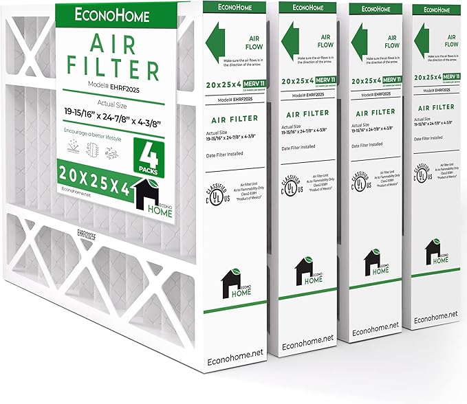 EconoHome 20x25x4 AC Furnace Pleated Air Filter MERV 11 Replacement – Allergen Defense, 4 Pack, Fits Lennox (X6673), Honeywell (FC100A1037) filters. (Actual size: 19.94 x 24.86 x 4.36 Inches)